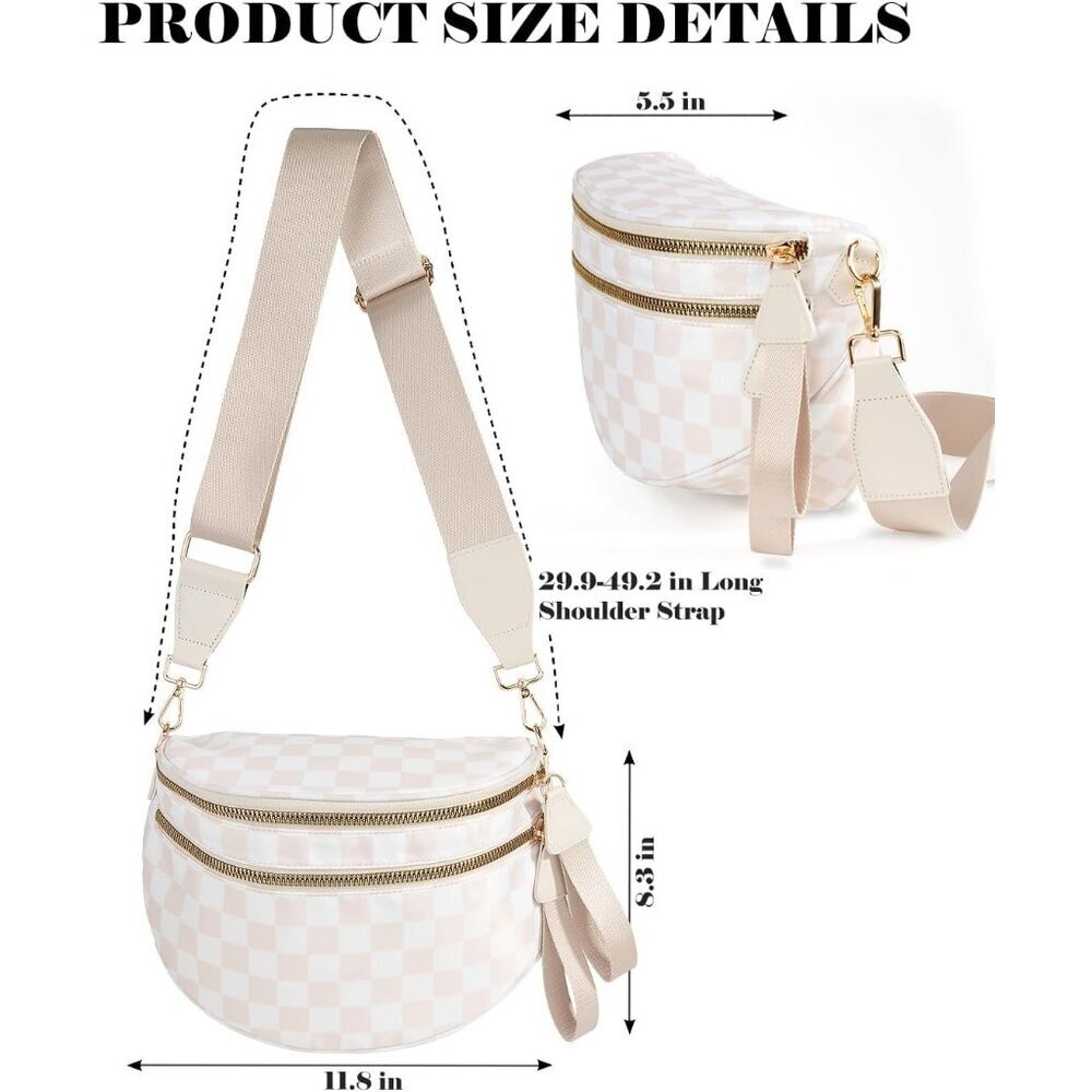 Women Beige Imported Polyester Checkered Crossbody Fanny Packs Belt Bum Bag - Picture 3 of 6
